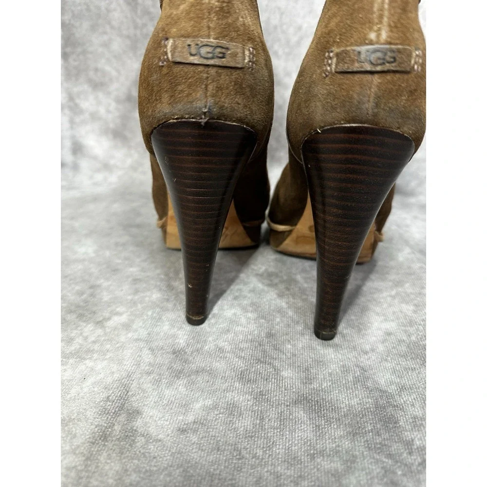 UGG Bianka Brown Suede Platform Mid-Calf Boots Braided Trim Shearling Lined Sz 8